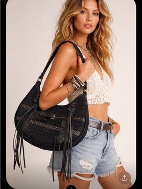 Dark navy mineral wash Fringe Hobo leather Bag - NWOT / trinity ranch